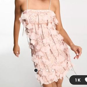 Asos design embellished mini dress with tassel and floral corsage detail in pink